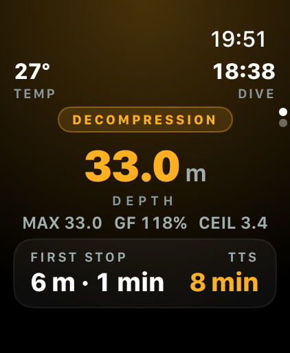 Dekompressionsanzeige mit erstem Stop und Time-to-Surface