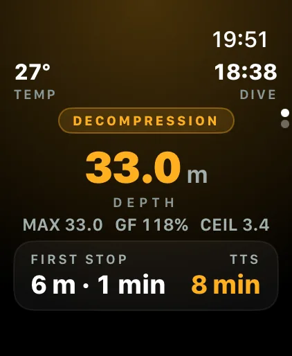 Decompression screen with first stop and time to surface