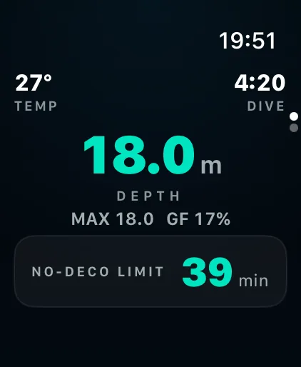 Dive screen showing depth and no-deco limit