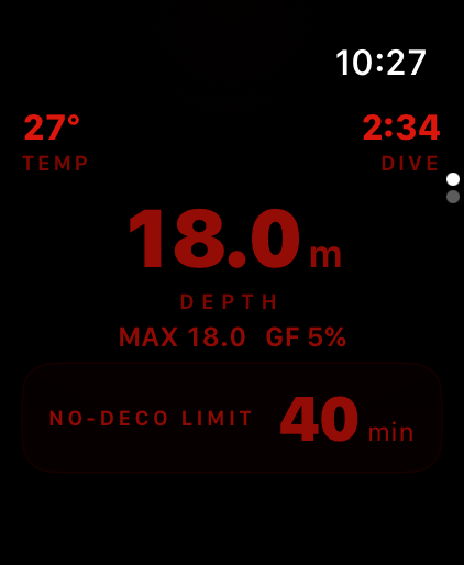 Night mode: the dive display in a dim red monochrome palette