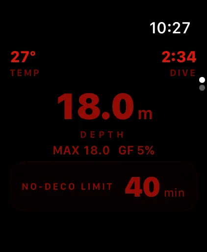 Night mode: the dive display in a dim red monochrome palette