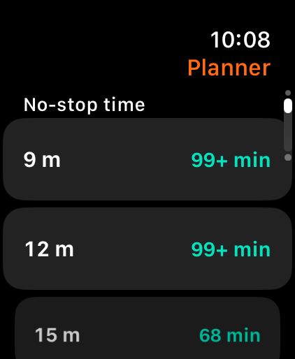 No-deco planner listing the no-stop time at a range of depths