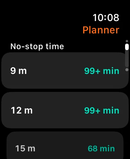 No-deco planner listing no-stop time at a range of depths