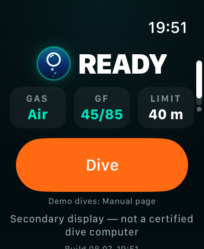 READY-Screen mit Gas, Gradient Factors und Sensorlimit