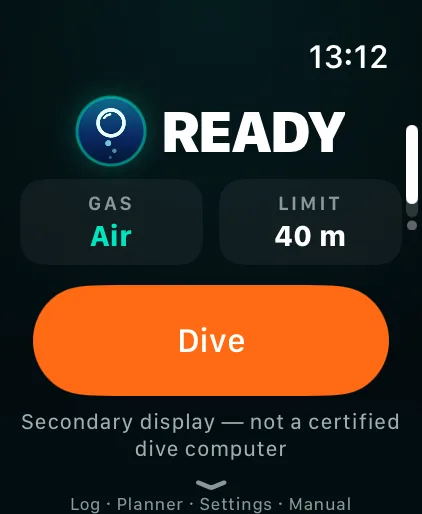 READY screen with gas and sensor limit, the Dive button and the secondary-display disclaimer