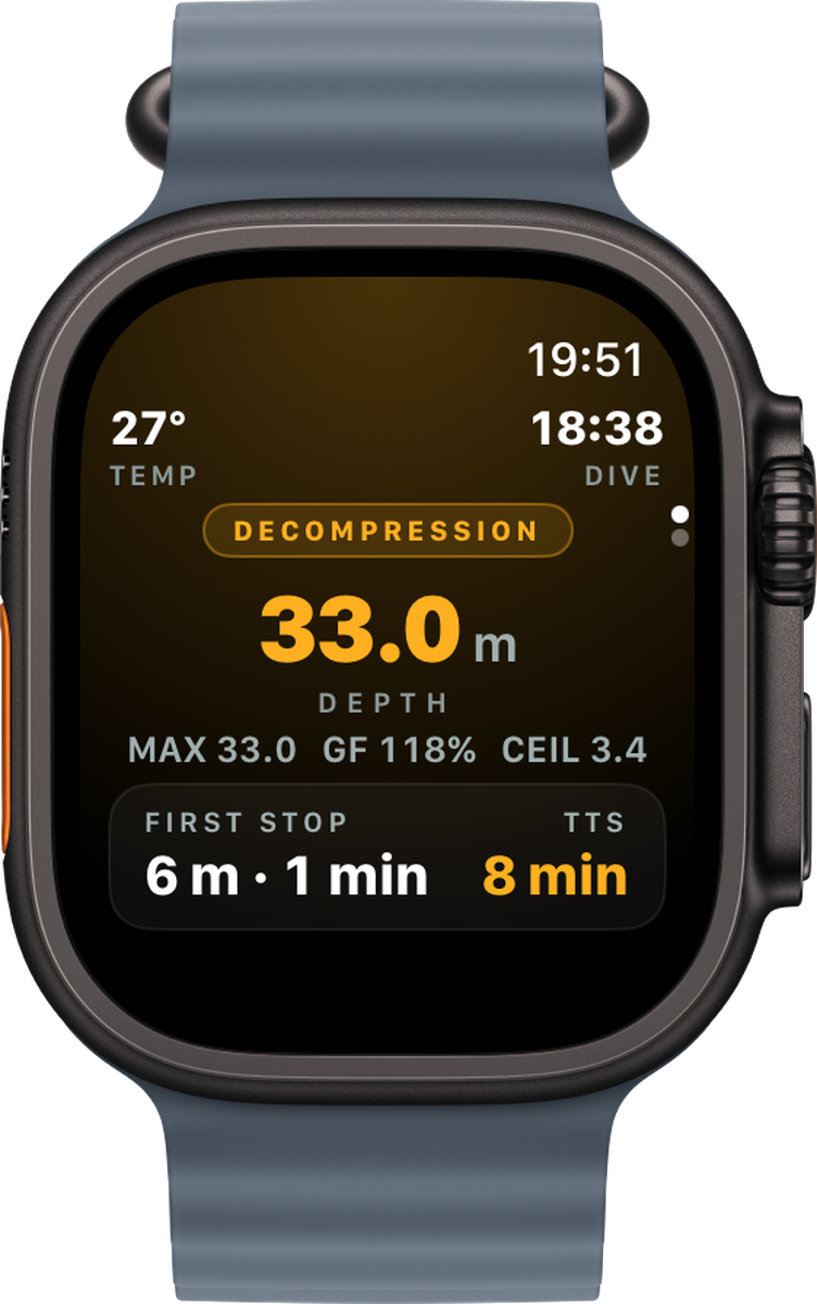 Apple Watch Ultra 3 with Ocean Band showing the Nullzeit decompression display: 33 m depth, first stop 3 m for 2 minutes, 5 minutes to surface